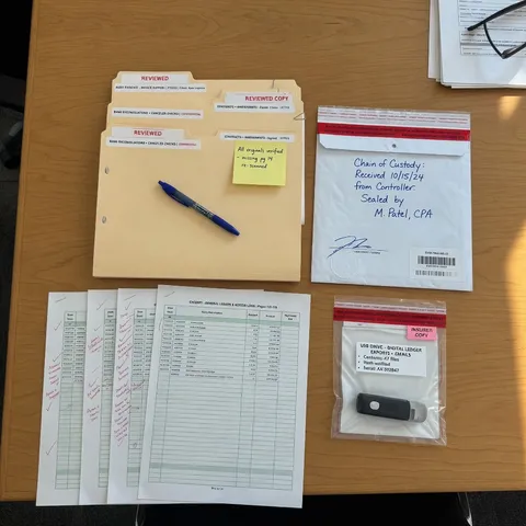 Organized audit evidence folders, sealed envelope, and printed log excerpts ready for auditor or insurer review