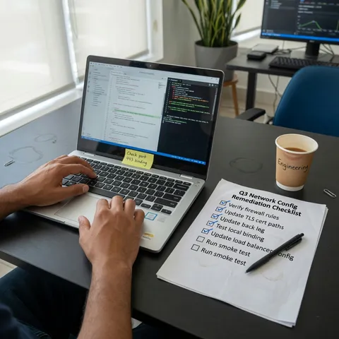 Engineer hands on a keyboard fixing configuration while a paper remediation checklist sits beside the laptop