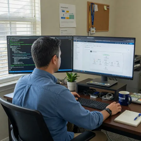 Engineer reviewing cloud configuration and infrastructure-as-code on dual monitors at a tidy office desk
