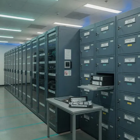 Clean modern server aisle and organized storage environment representing protected enterprise data and storage posture