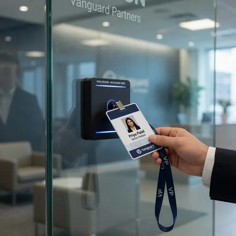 Employee badge being scanned at a modern office lobby access reader for workplace identity and access control