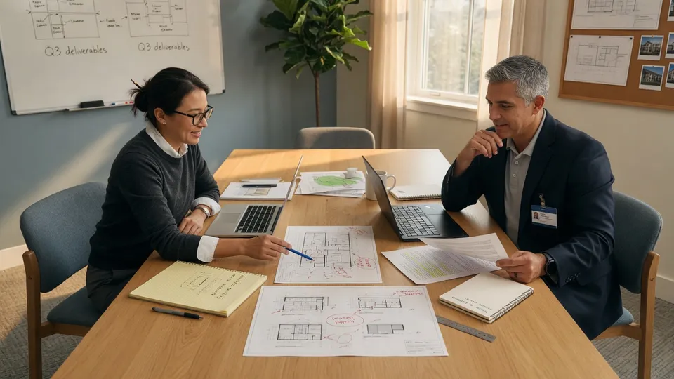 Two professional partners collaborating at a shared table with laptops and architecture diagrams in warm natural light