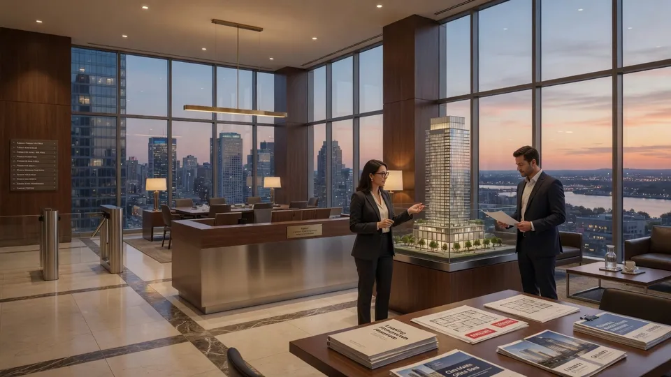Commercial real estate glass tower lobby and property management suite with architectural models and city views