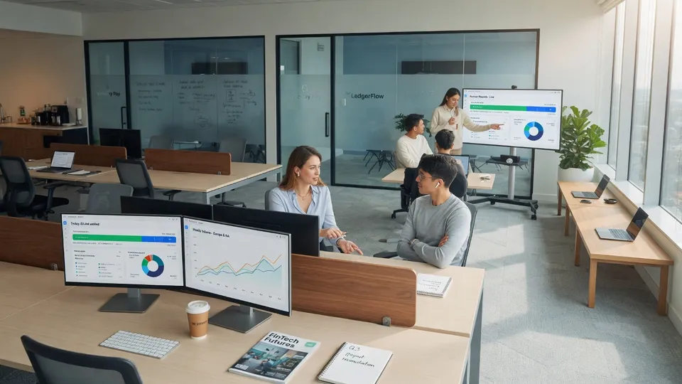 Modern FinTech office with payment dashboards, glass collaboration rooms, and professionals reviewing financial charts