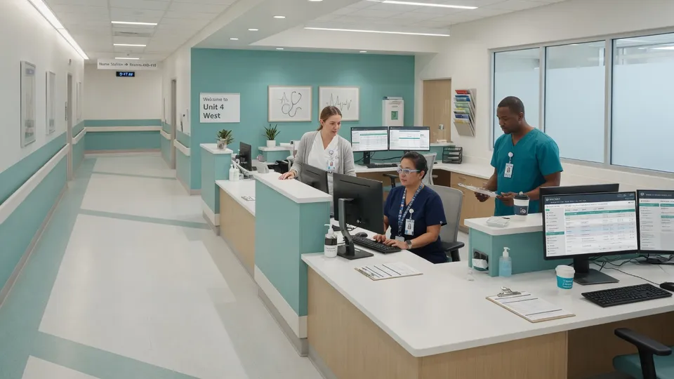 Bright hospital clinical administration station with EHR workstations and healthcare staff coordinating care operations