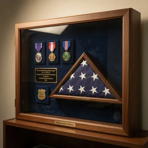 Wood display case with service medals and a folded American flag triangle representing veteran, first-responder, and nonprofit recognition