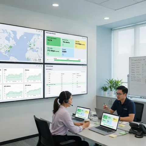 Operations team watching continuous monitoring dashboards on wall screens in a bright modern control room