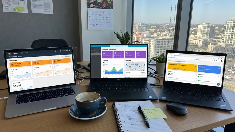 Three laptops side by side on a hybrid workspace desk each showing a different cloud provider console