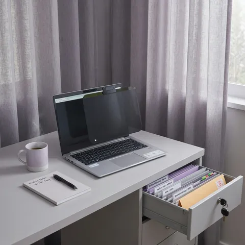 Privacy-conscious workspace with a privacy-screen laptop half closed and a locked drawer of organized folders