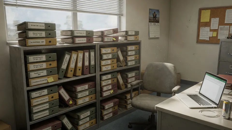 Stack of outdated paper audit binders on a shelf beside an empty chair and an unused laptop on the desk