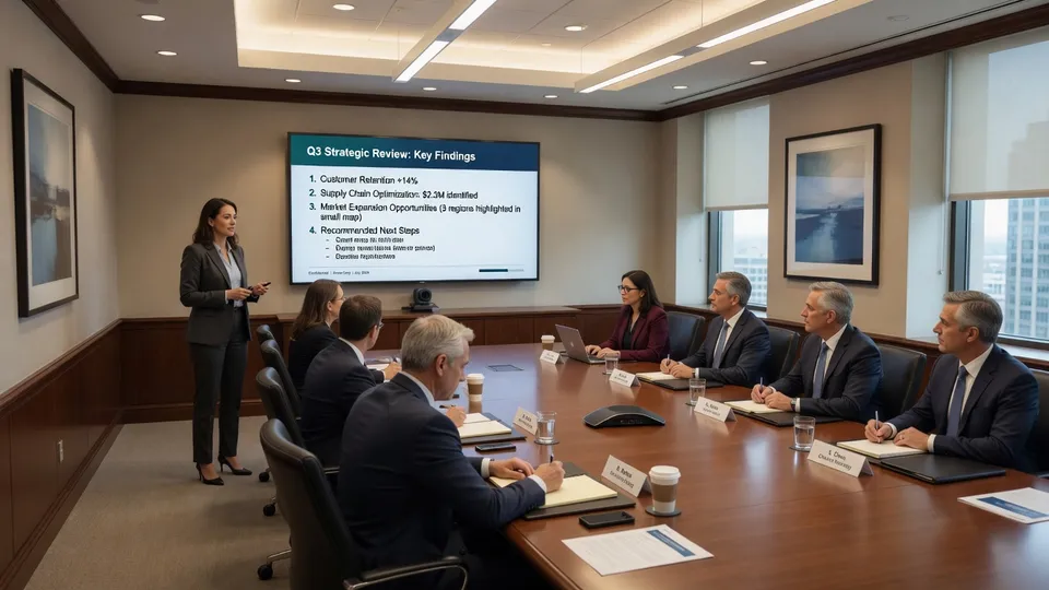 Presenter walking executives through a findings summary on a large boardroom screen while leaders take notes