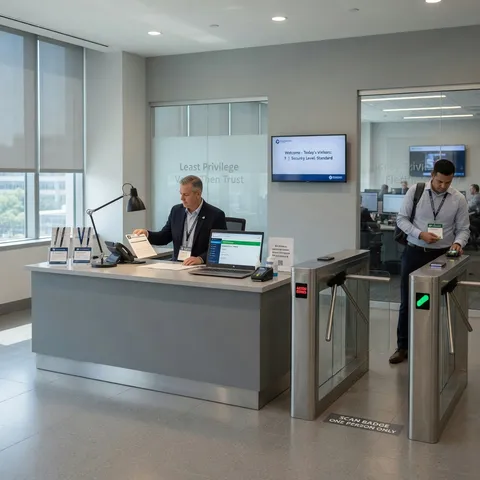 Modern office lobby security desk with badge access turnstiles and visitor credential verification